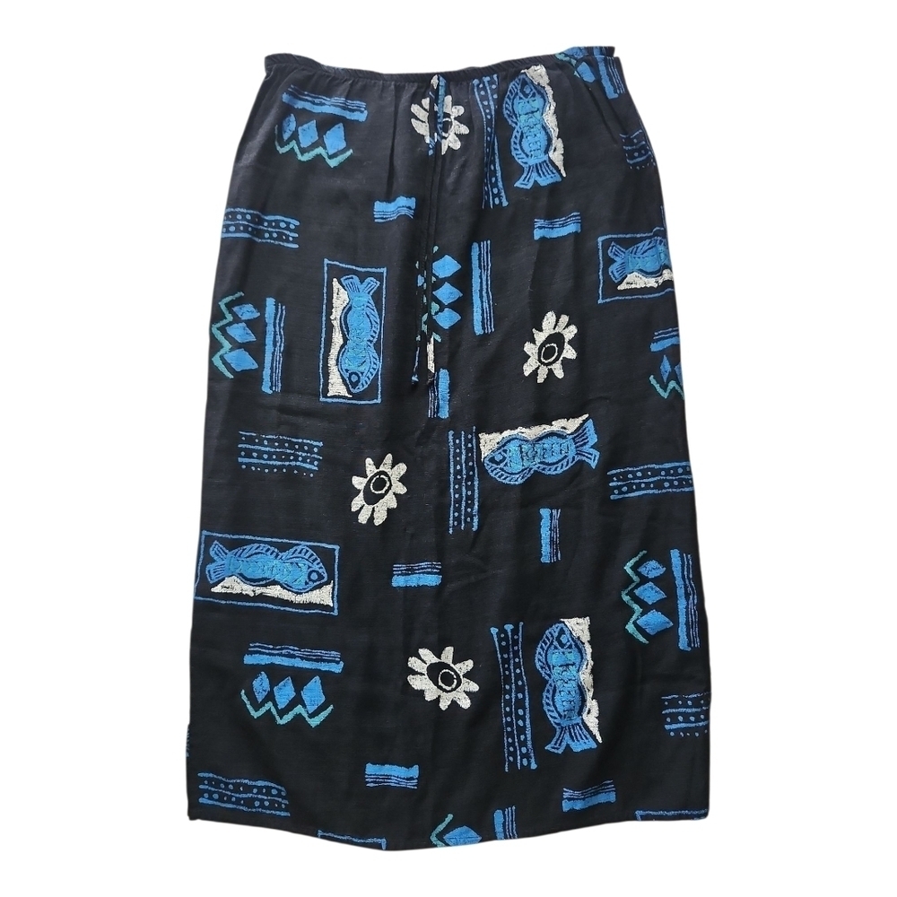 Vintage Teddi Skirt Size Large Blue Black Tribal Print Boho Midi Rayon Acetate